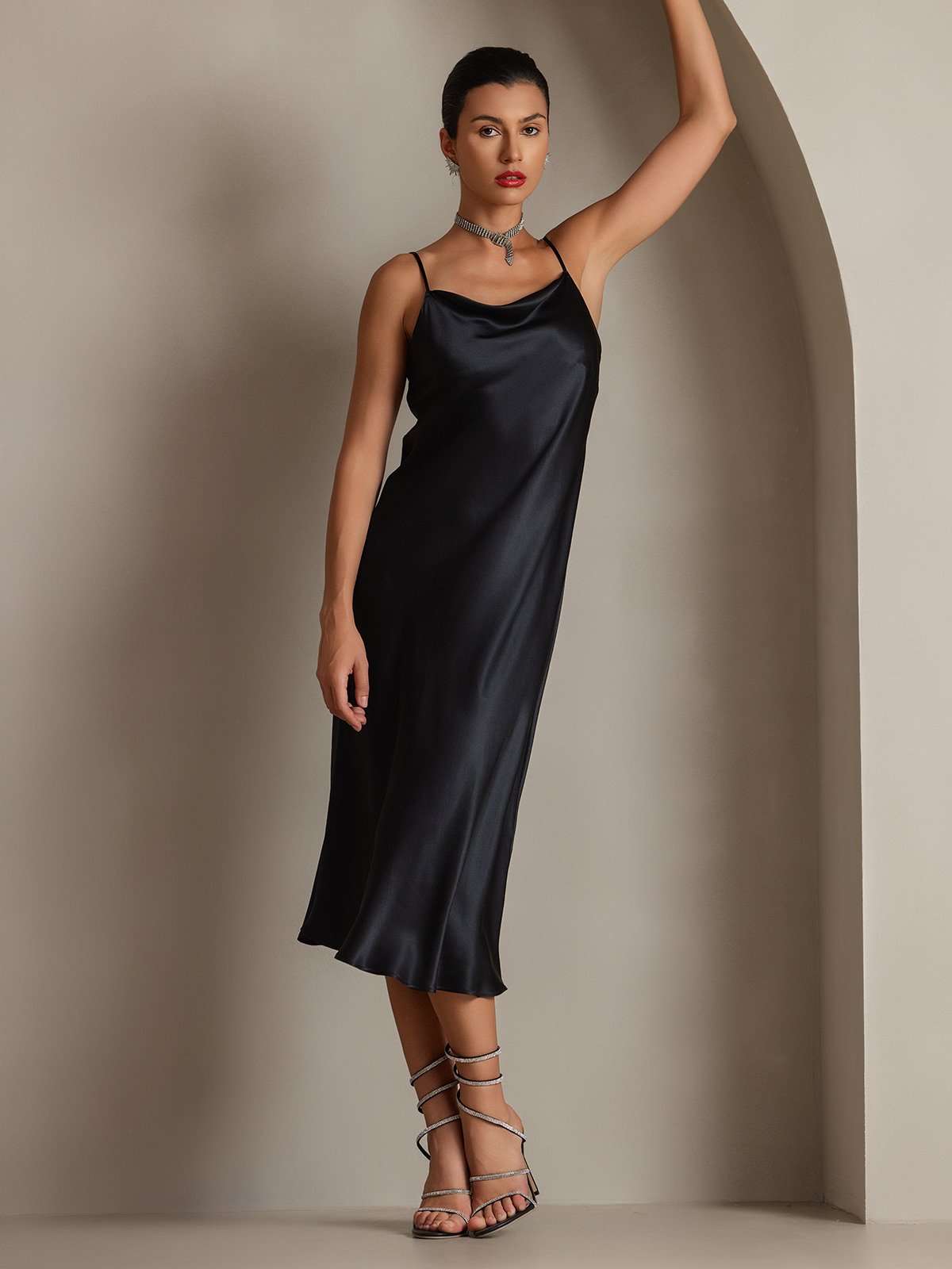 SilkSilky CA Pure Silk Sleeveless Cowl Neck Dress Black 005