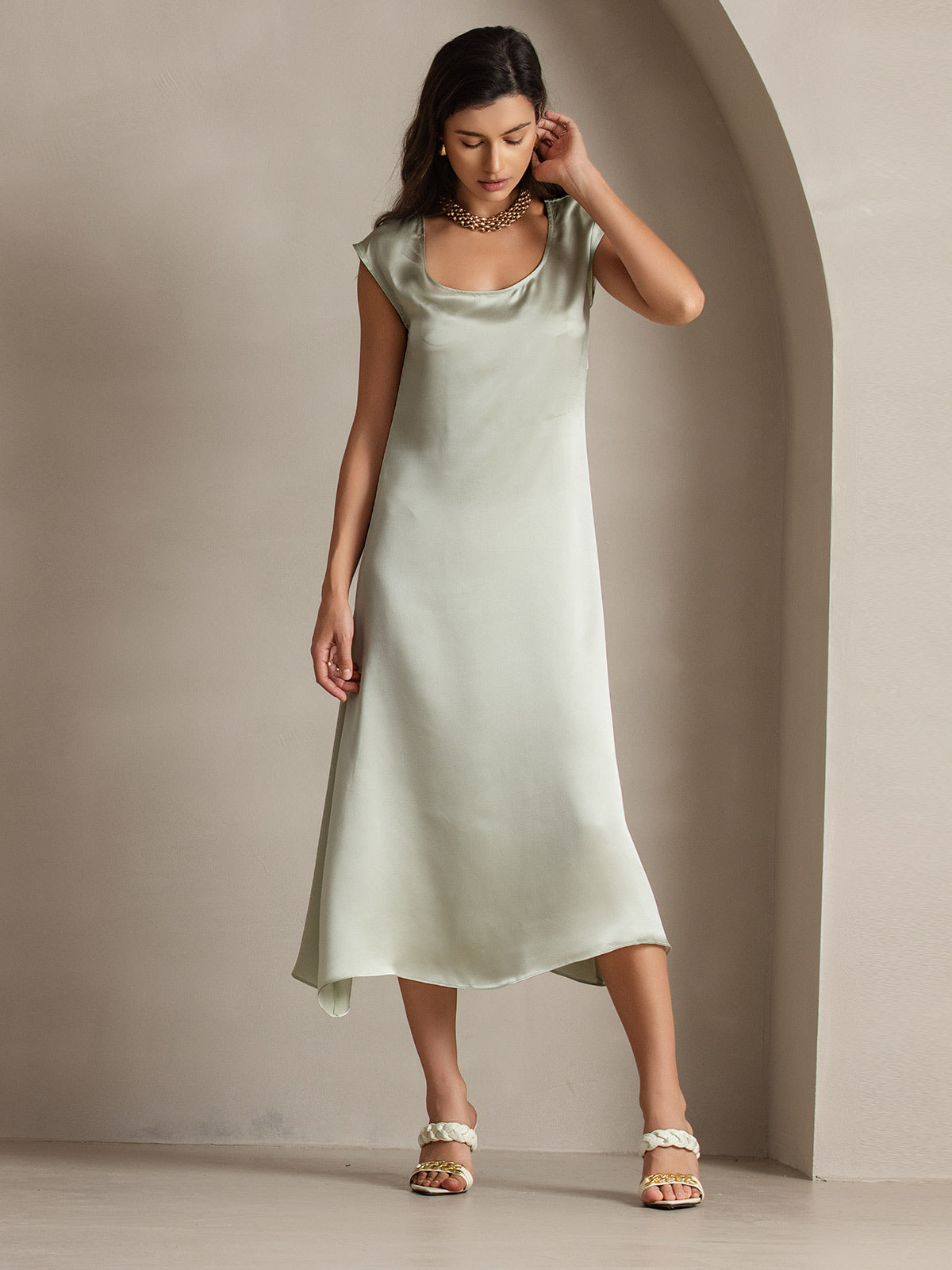 [Light Green] SilkSilky-CA 19Momme Silk Round Neck Dress 003