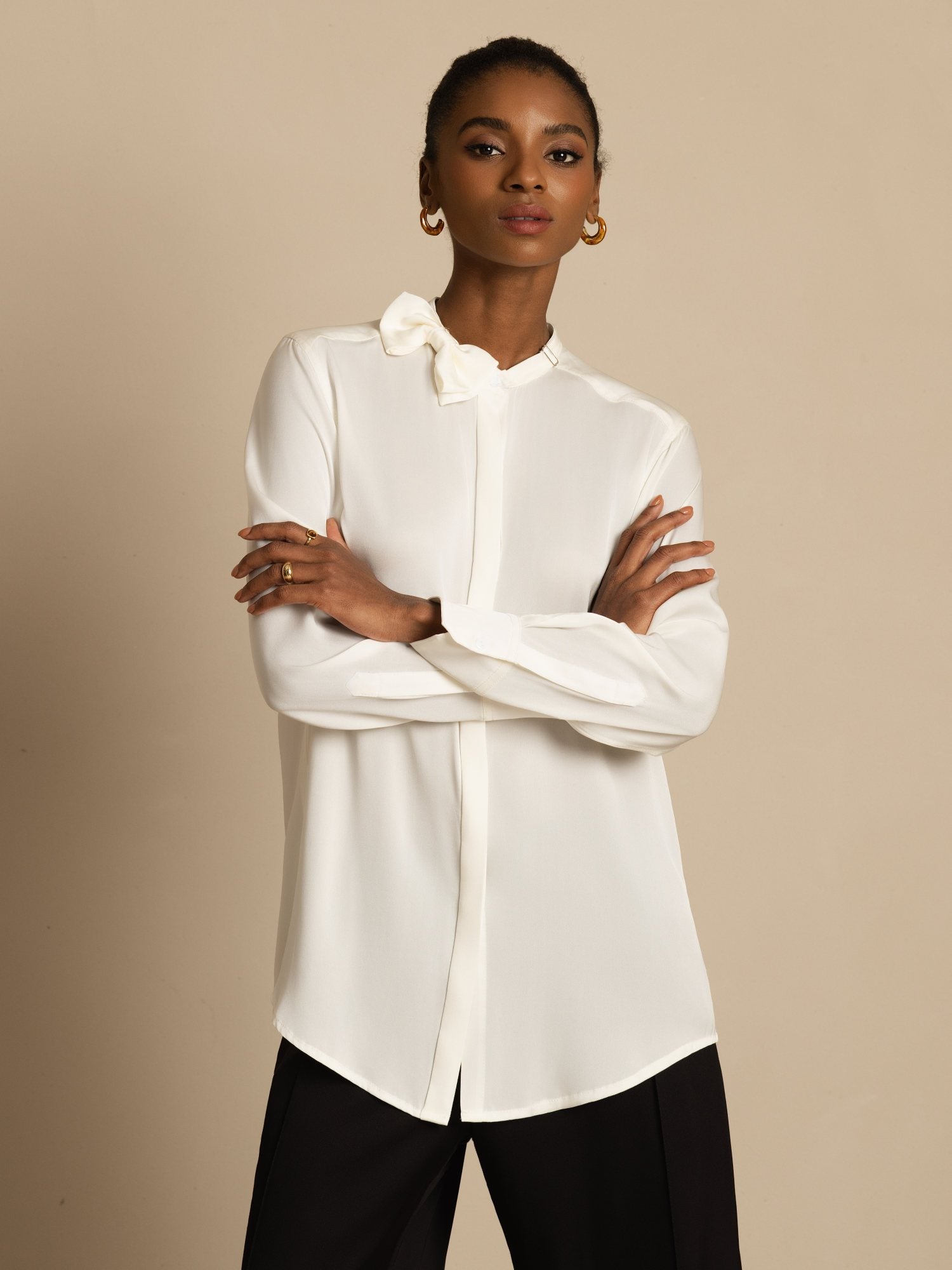 [White] SilkSilky-CA 19Momme Stretch Silk Double Georgette Long Sleeve Collar Blouse 003