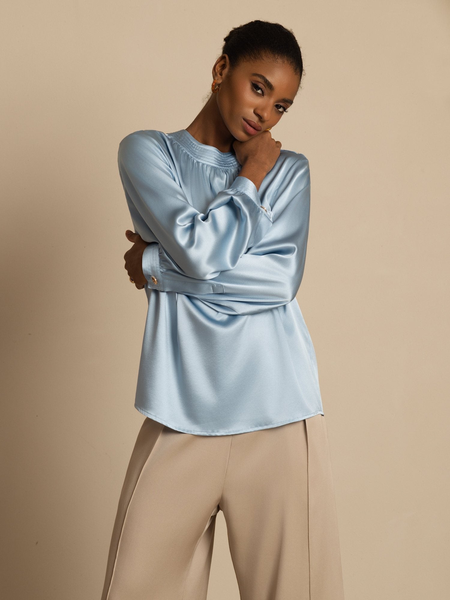 [Grayish Blue] SilkSilky-CA 19Momme Stretch Silk Charmeuse Long Sleeve Round Neck Blouse 005