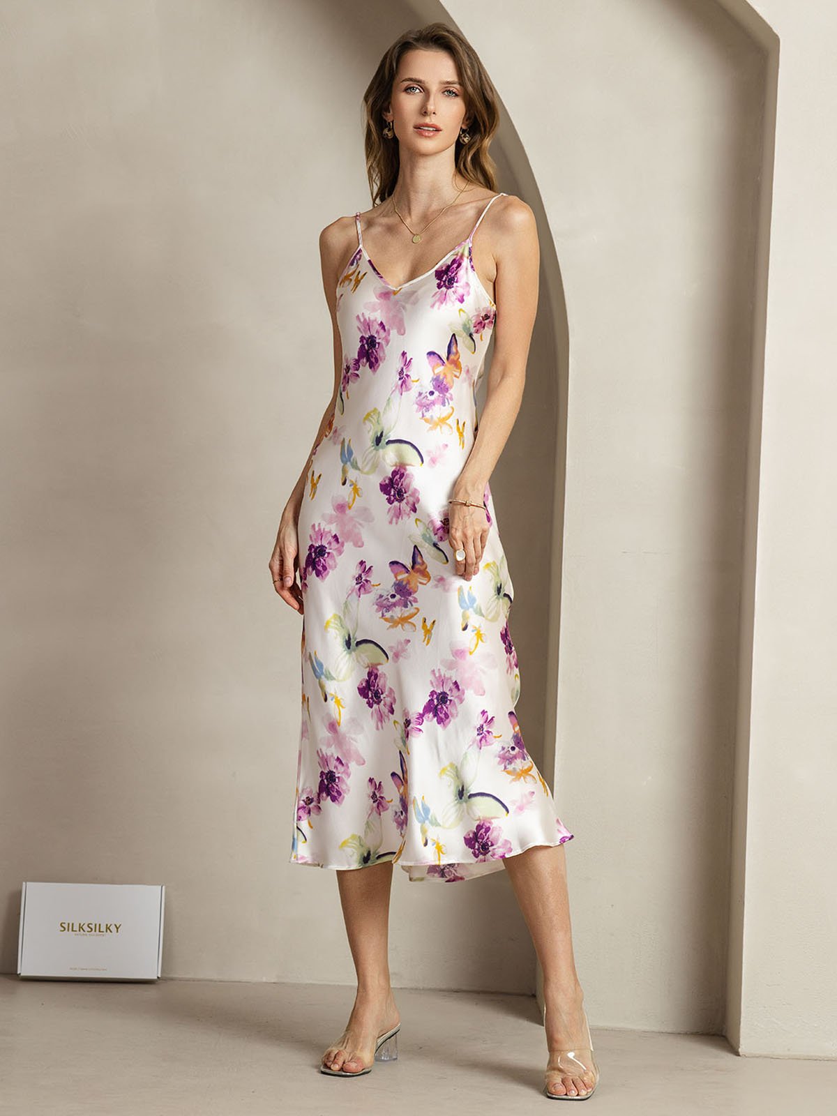 [Watercolor Floral] SilkSilky-CA 19Momme Silk V Neck Dress 003