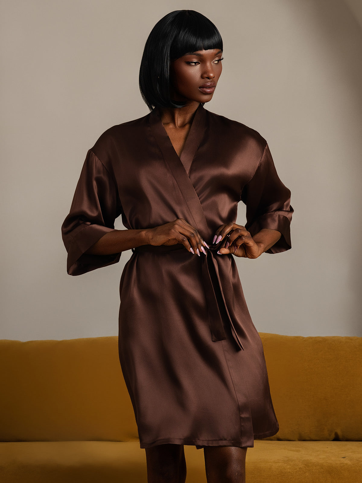 [Coffee] SilkSilky-CA Pure Silk Half Sleeve Womens Robe 005