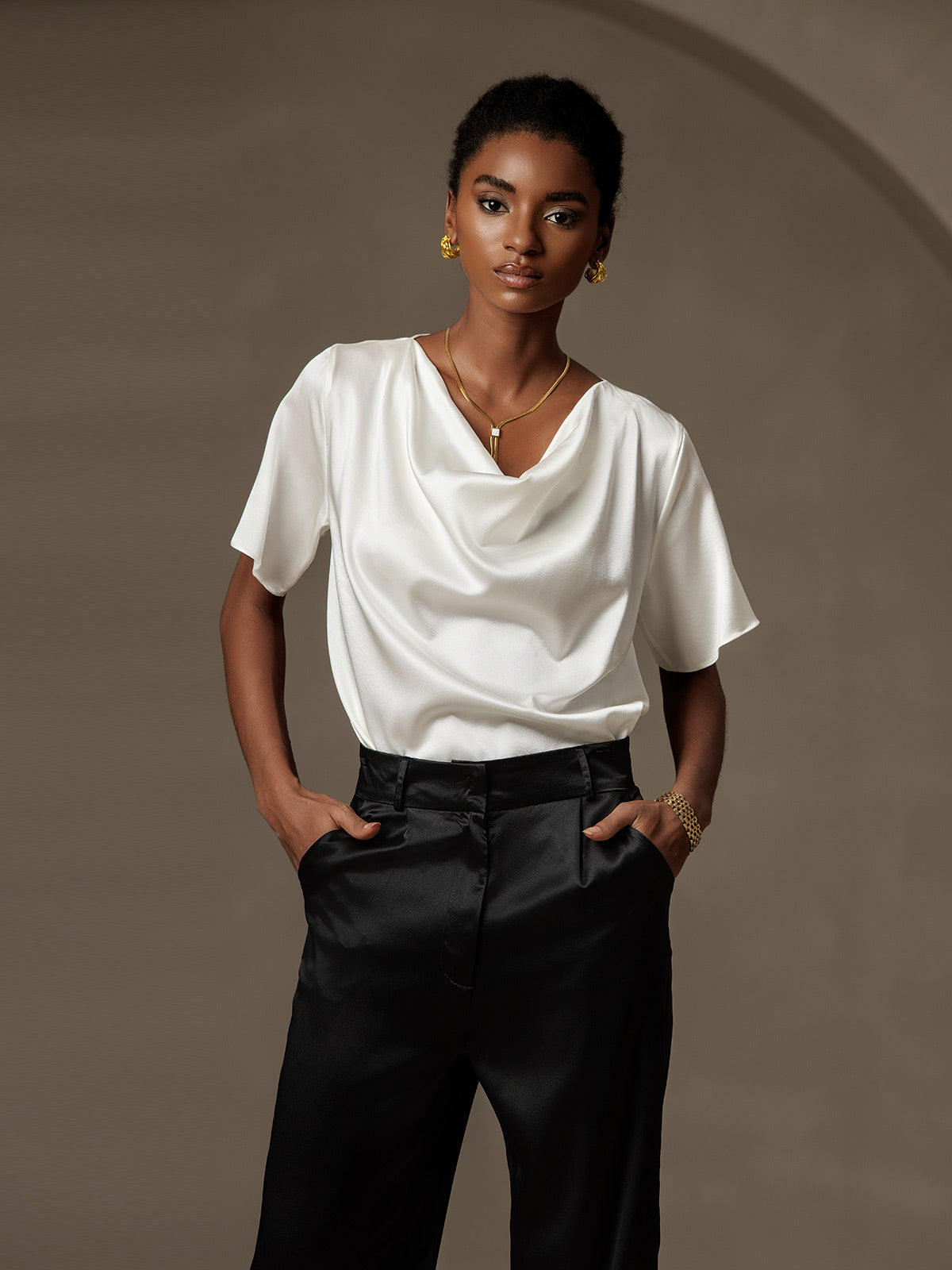 [White] SilkSilky-CA 19Momme Silk Short Sleeve Cowl Neck Blouse 001