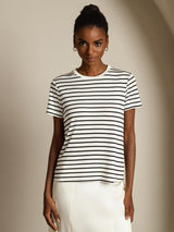 [White Stripe] SilkSilky-CA Short Sleeve Crew Neck Women's T-Shirt 003