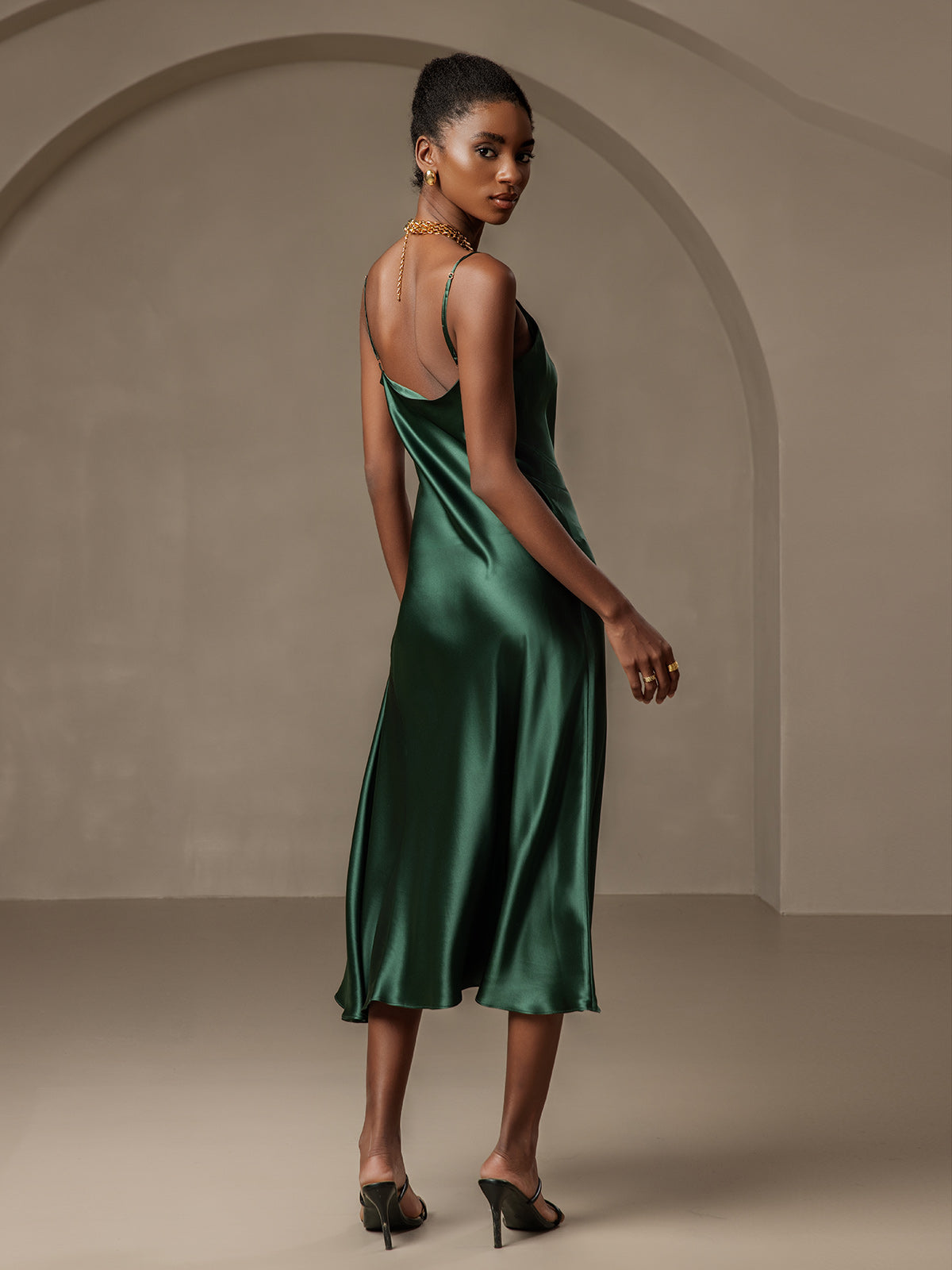 [Dark Green] SilkSilky-CA 19Momme Pure Silk Cowl Neck Dress 002