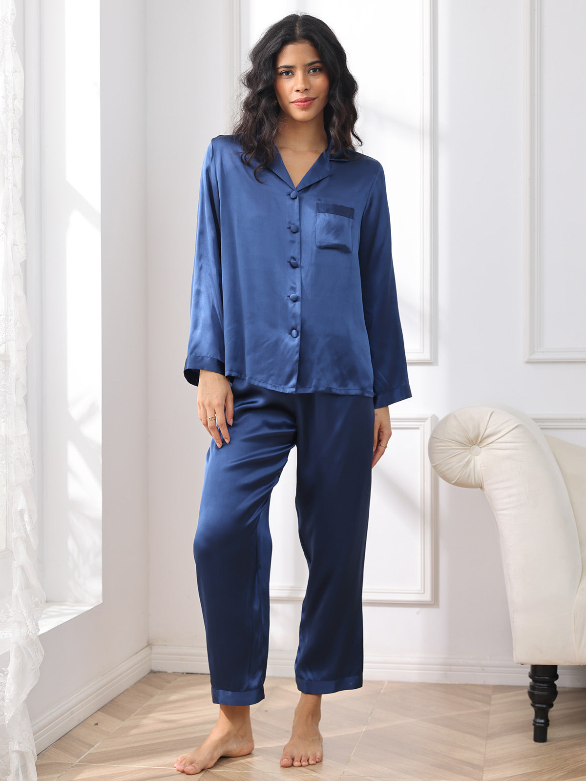 SilkSilky-CA Pure Silk Long Sleeve Lapel Women's Pajamas DarkBlue 003