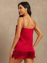 [Wine] SilkSilky-CA 19Momme Machine-Washable Silk Spaghetti Strap Round Neck Camisole Set 002