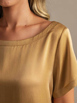 [Tan] SilkSilky-CA 19Momme Machine-Washable Silk Short Sleeve Round Neck Women's Pajamas 004
