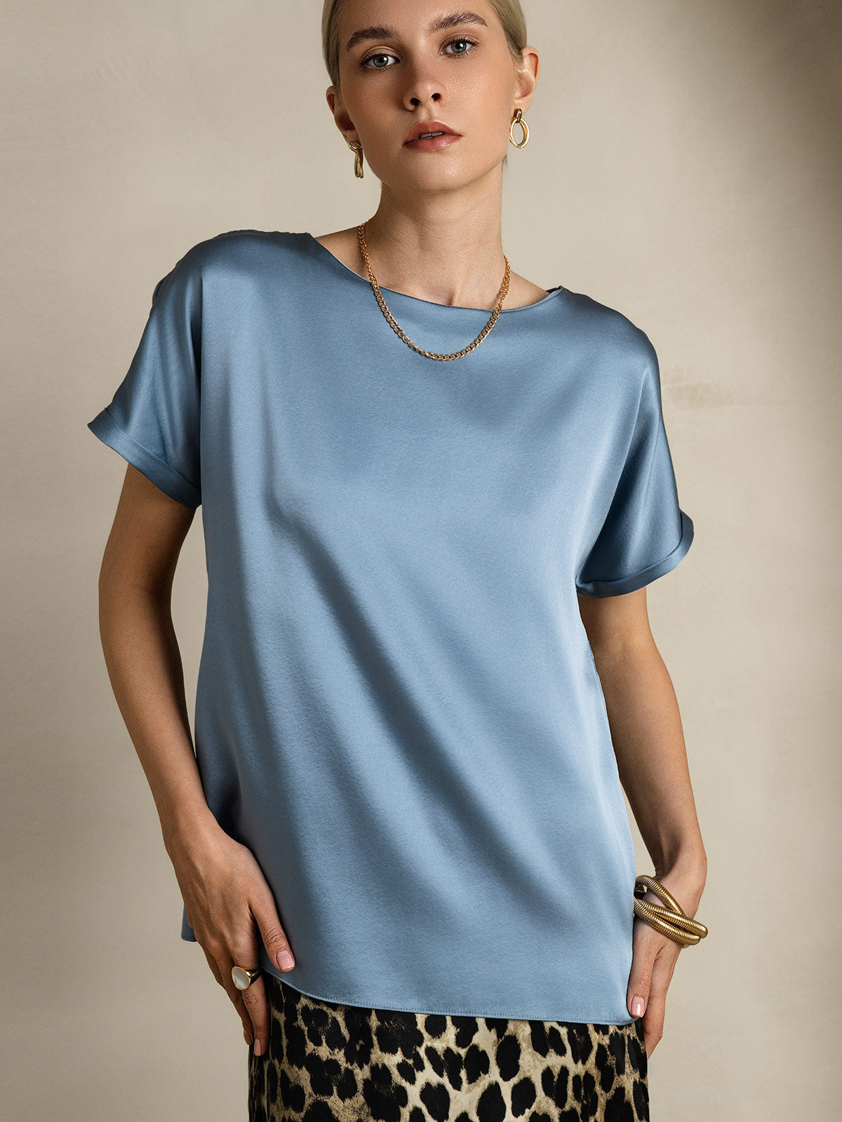 [Grayish Blue] SilkSilky-CA 19Momme Silk Round Neck Women's T-Shirt 005