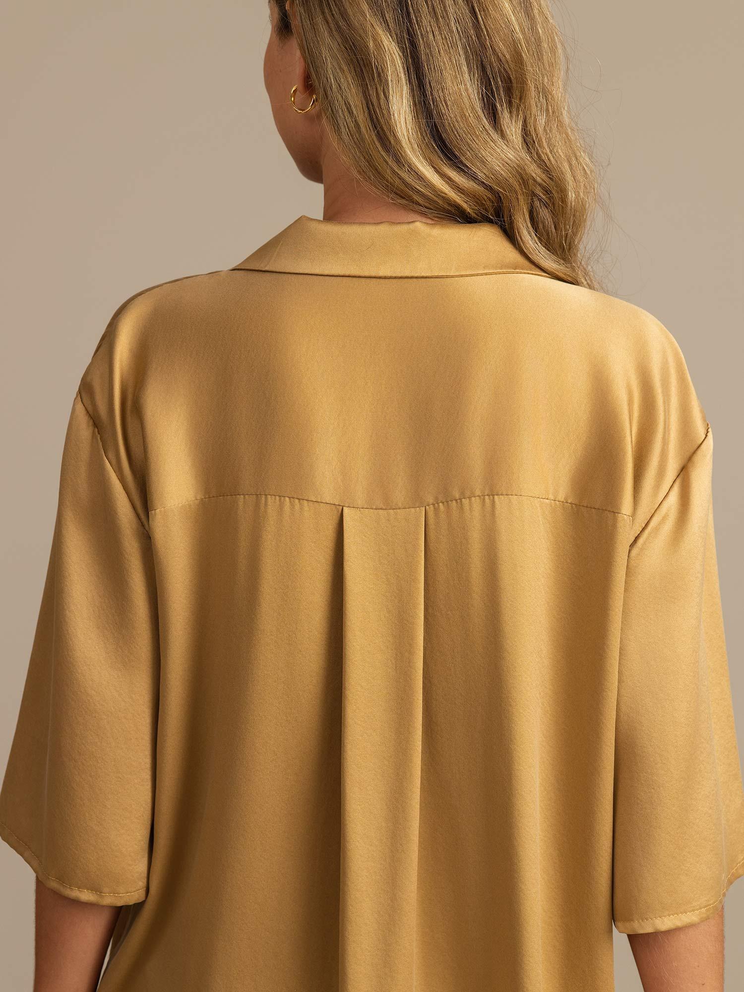 [Tan] SilkSilky-CA 19Momme Machine-Washable Silk Notch Collar Women's Pajamas 004