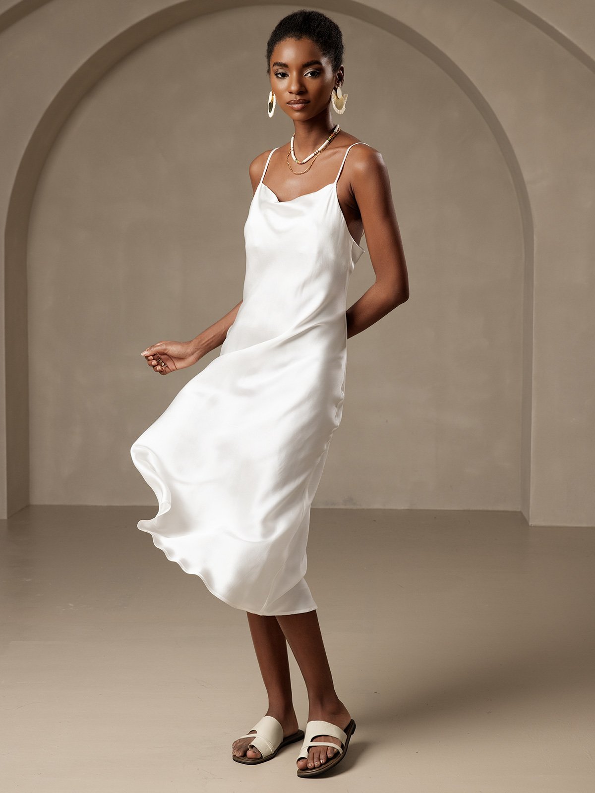 SilkSilky CA Pure Silk Sleeveless Cowl Neck Dress White 003