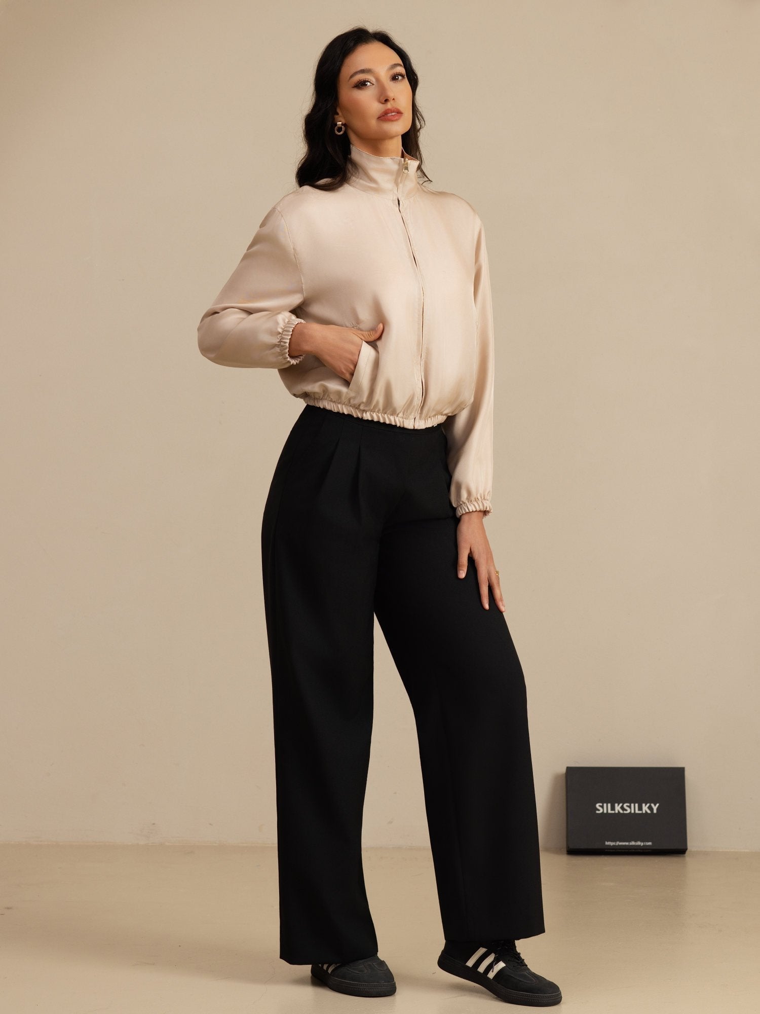 [Tan+Pink] SilkSilky-CA 18Momme Silk Satin Surah Long Sleeve Stand Collar Women's Outerwear 008