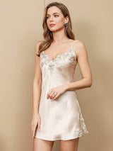 [Beige] SilkSilky-CA Spaghetti Strap V Neck Nightgown 001