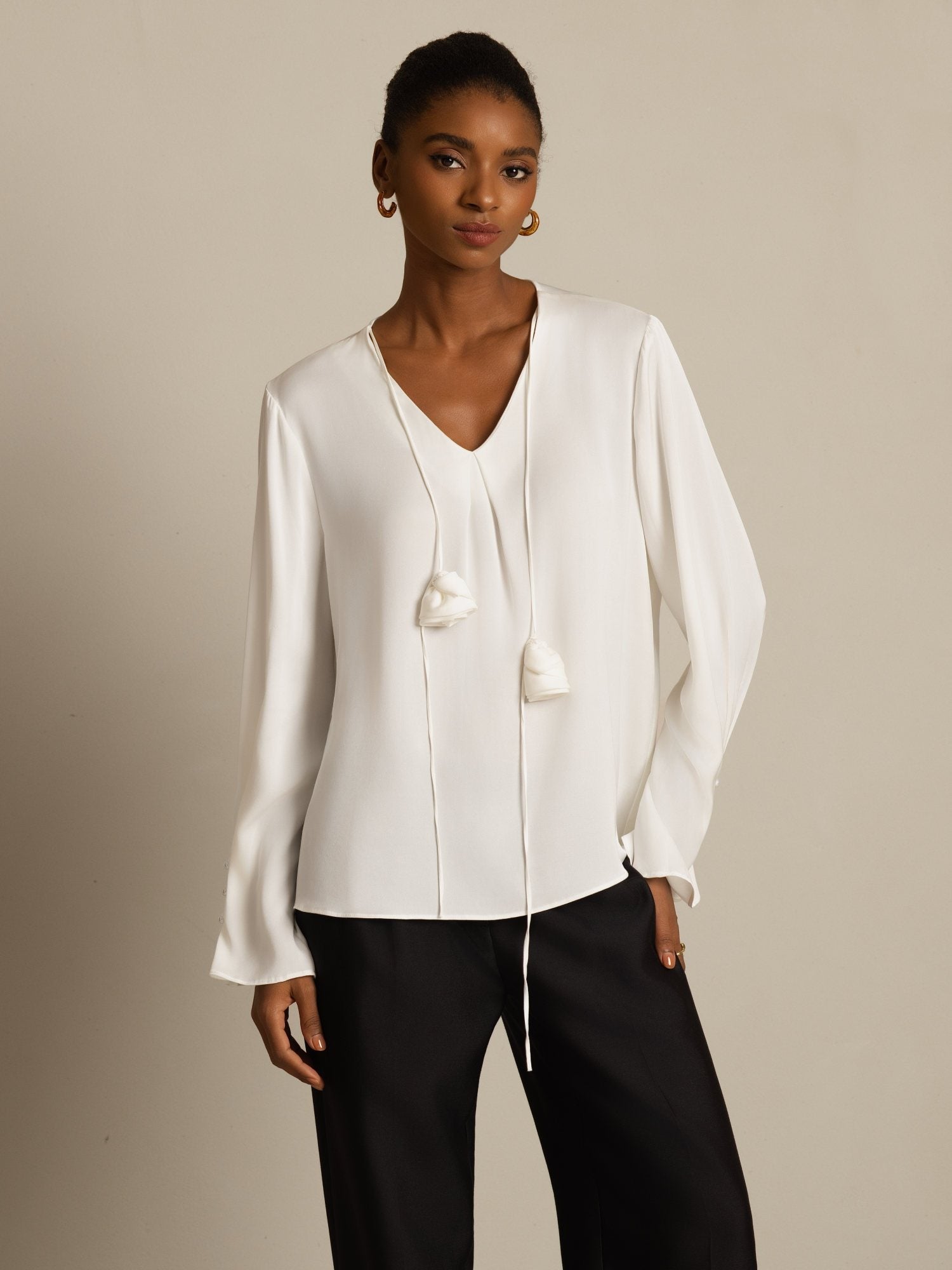 [White] SilkSilky-CA 19Momme Stretch Silk Double Georgette Long Sleeve V Neck Blouse 001