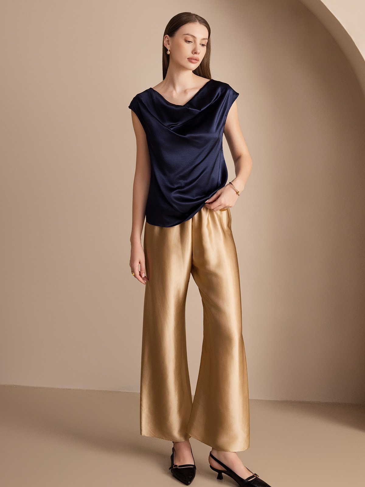 [Dark Blue] SilkSilky-CA 19Momme Silk Cap Sleeve Cowl Neck Women's T-Shirt 004