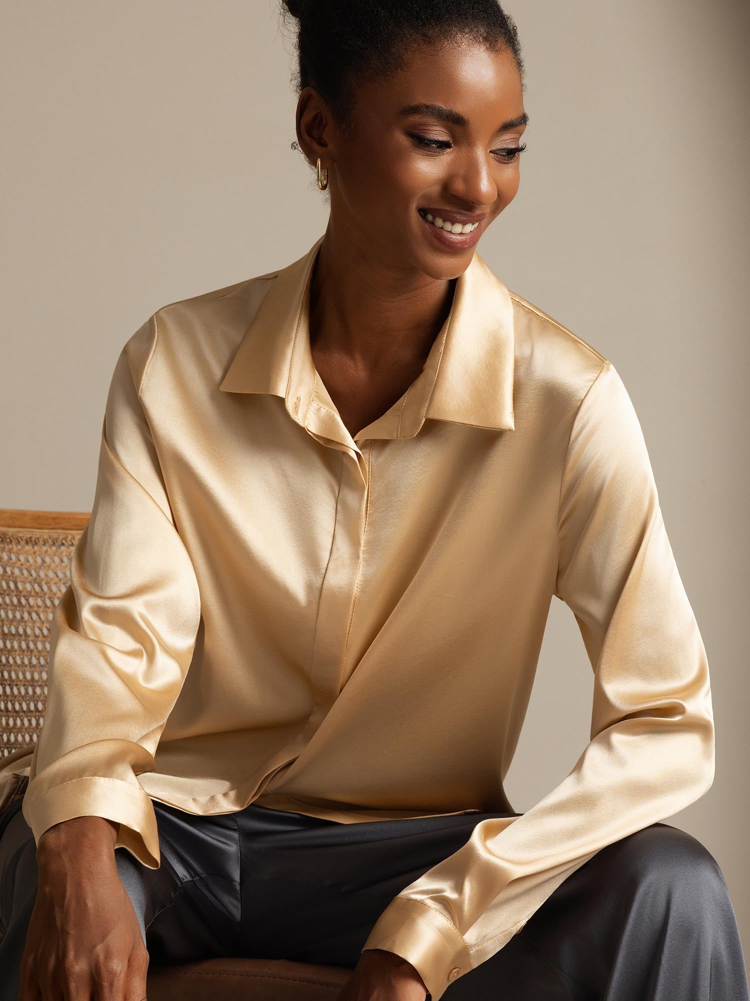 [Champagne] SilkSilky-CA 19Momme Silk Long Sleeve Lapel Collar Women's Shirt 001