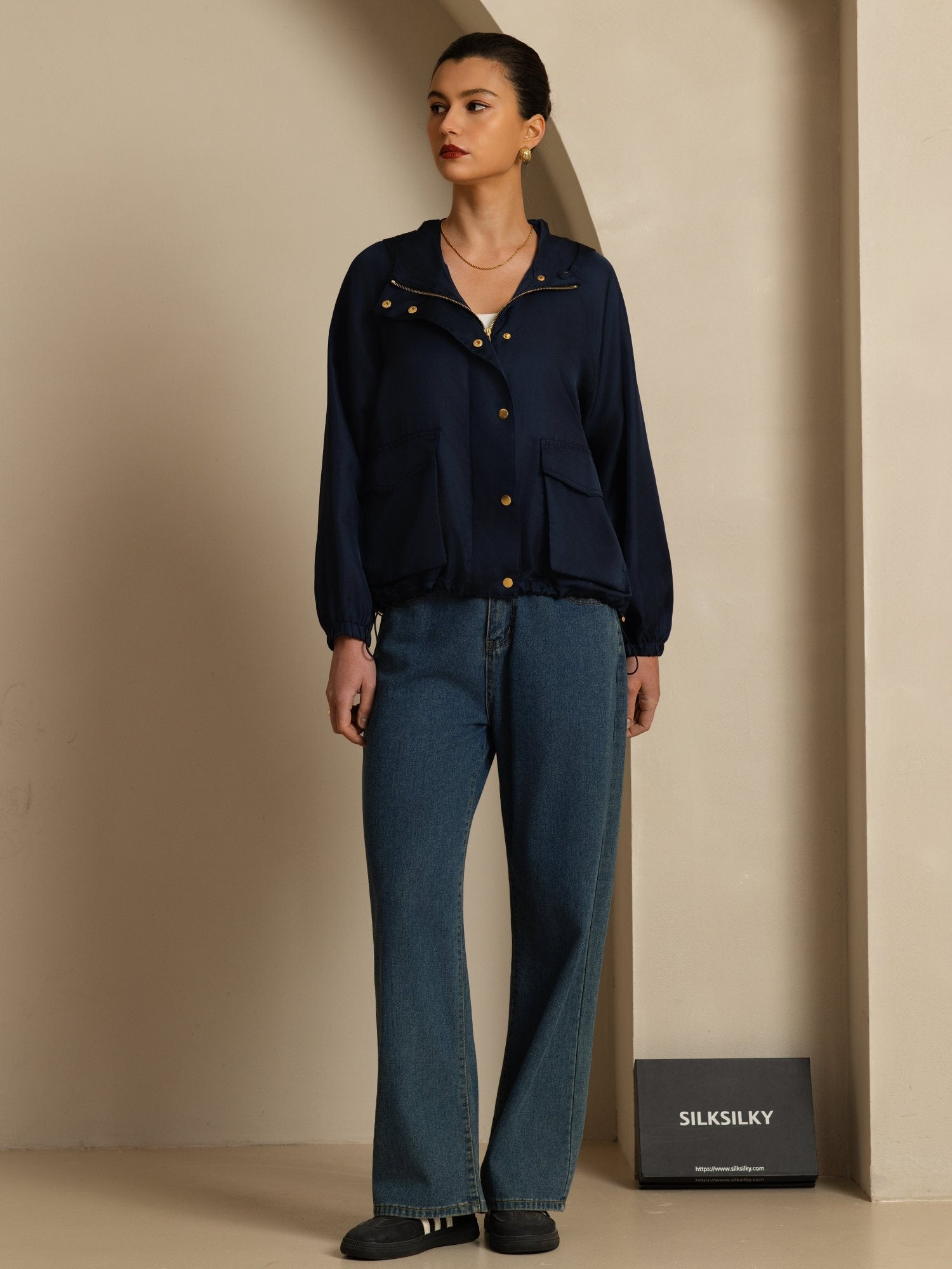 [DarkBlue] SilkSilky-CA Silk Satin Surah Long Sleeve High Neck Women's Outerwear 007