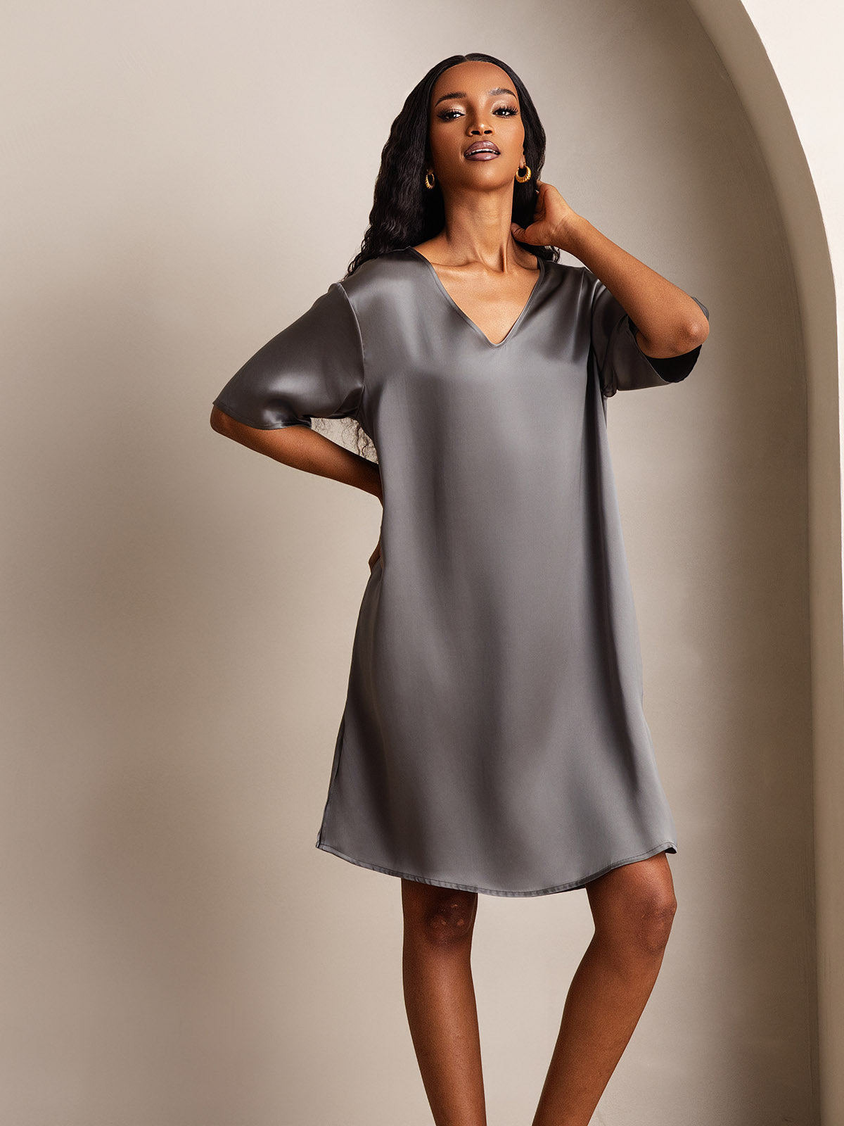 [Dark Gray] SilkSilky-CA Pure Silk V Neck Nightgown 007