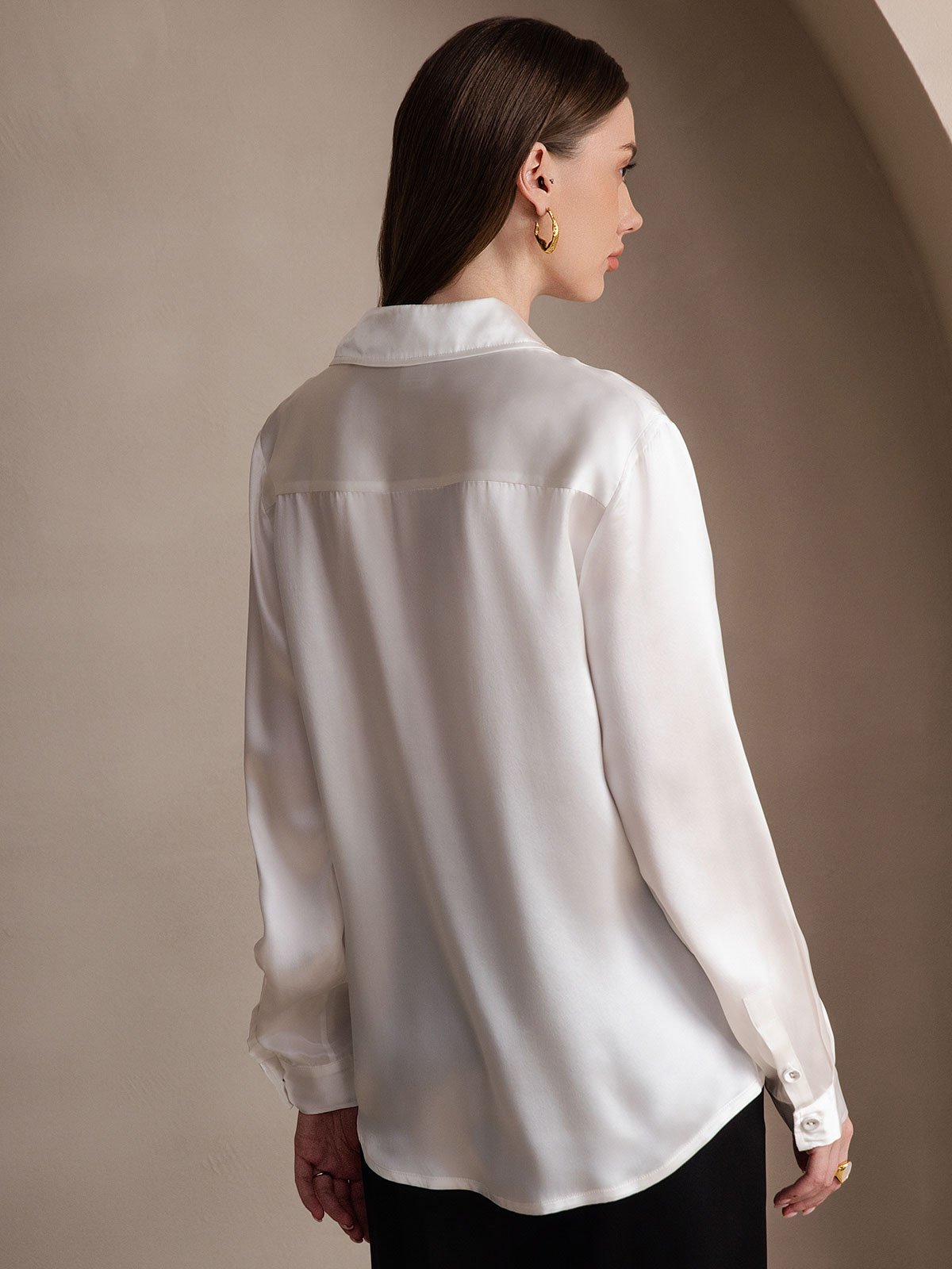 SilkSilky-CA 19Momme Silk Long Sleeve Collar Women's Shirt White 002