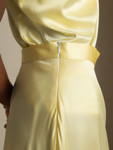 [Light Yellow] SilkSilky-CA 19Momme Stretch Silk Charmeuse Spaghetti Strap Cowl Neck Women''s Outfit Sets 004