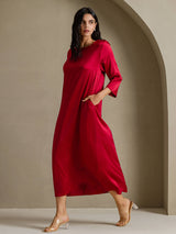 [Wine] SilkSilky-CA 3/4 Sleeve Round Neck Dress 007