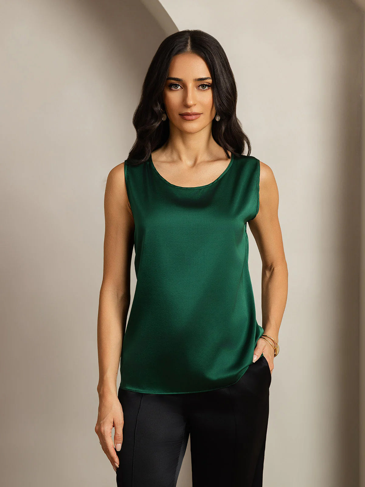 [Dark Green] SilkSilky-CA 19Momme Silk Round Neck Camisole 005