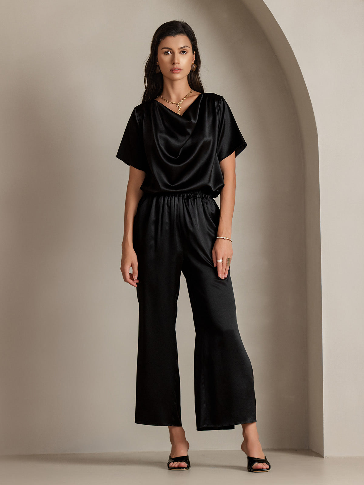 [Black] SilkSilky-CA 19Momme Silk Short Sleeve Cowl Neck Blouse 005