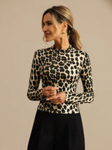 [Leopard] SilkSilky-CA 100% Silk Jersey Long Sleeve Mock Neck Women's T-Shirt 004