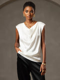 SilkSilky CA 19Momme Silk Sleeveless Cowl Neck Women's T Shirt White 004