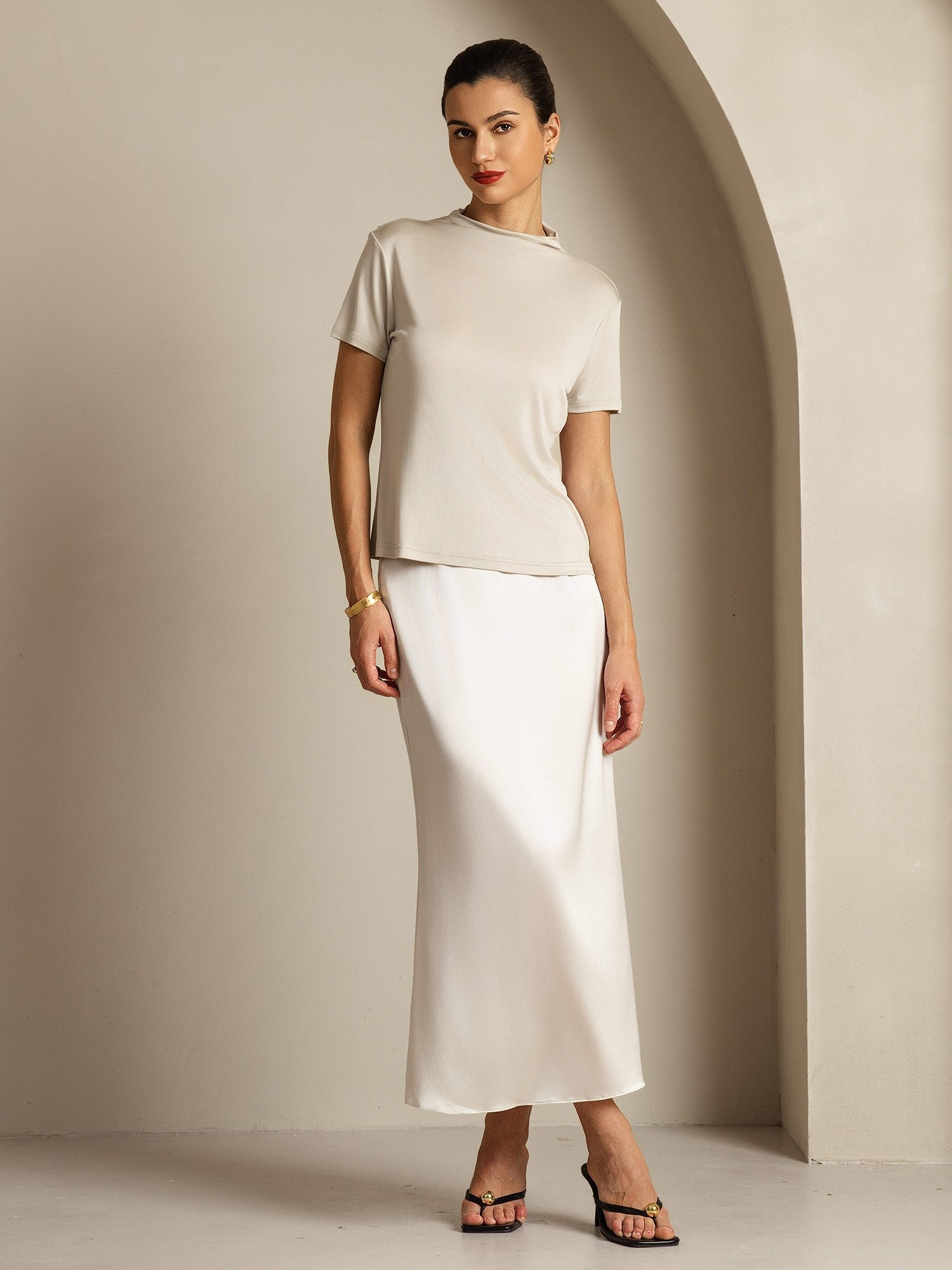 [Gray] SilkSilky-CA Pure Silk Collar Women's T-Shirt 009