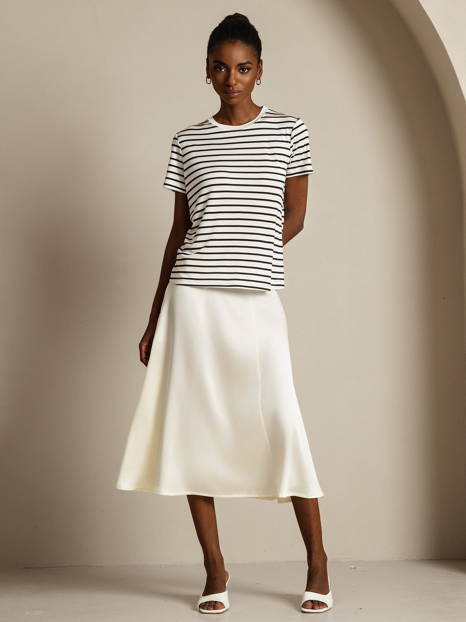 [WhiteStripe] SilkSilky-CA Pure Silk Round Neck Women's T-Shirt 007