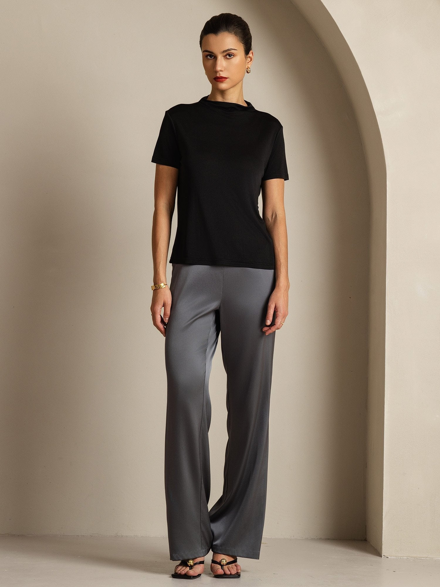 [Black] SilkSilky-CA Pure Silk Collar Women's T-Shirt 007