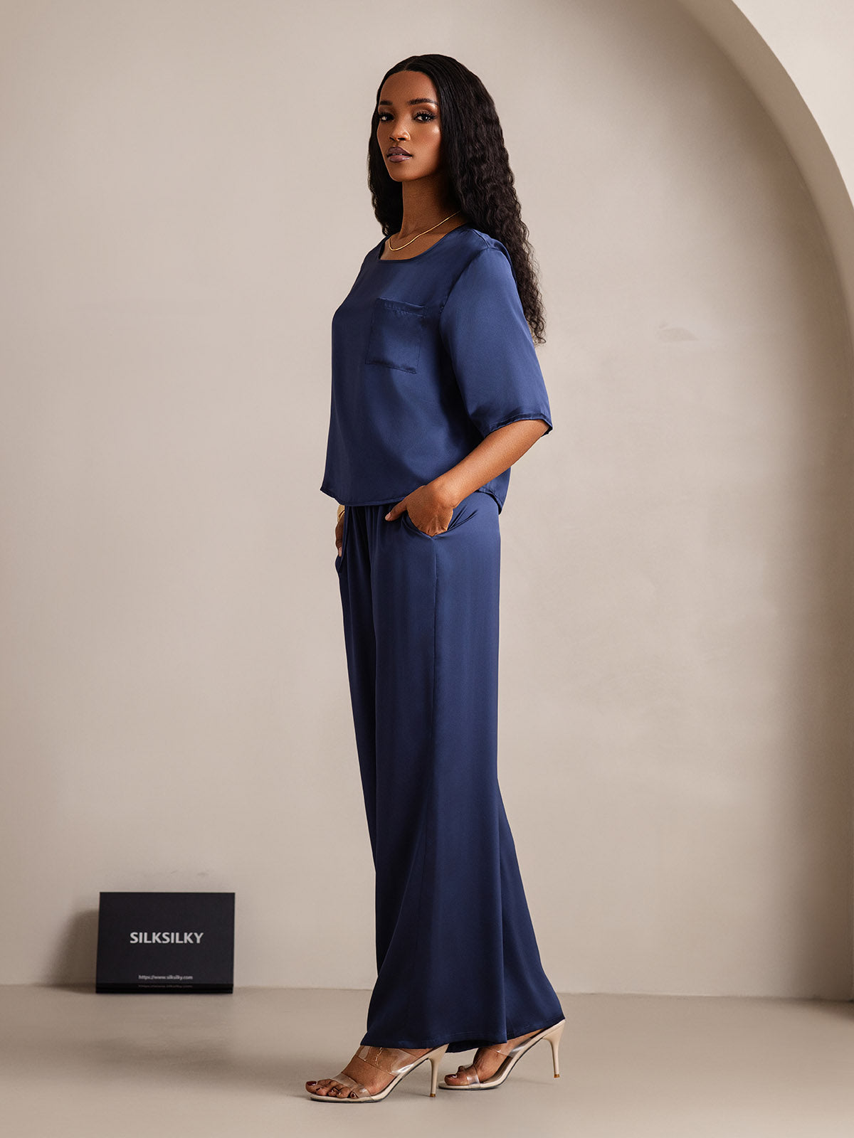 [Dark Blue] SilkSilky-CA Pure Silk Round Neck Women's Pajamas 004