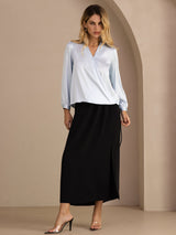 [Light Blue] SilkSilky-CA Long Sleeve Wrap Women's Blouse 007