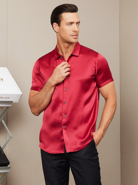 SilkSilky CA Silk Short Sleeve Collar Men's Shirt Red 001