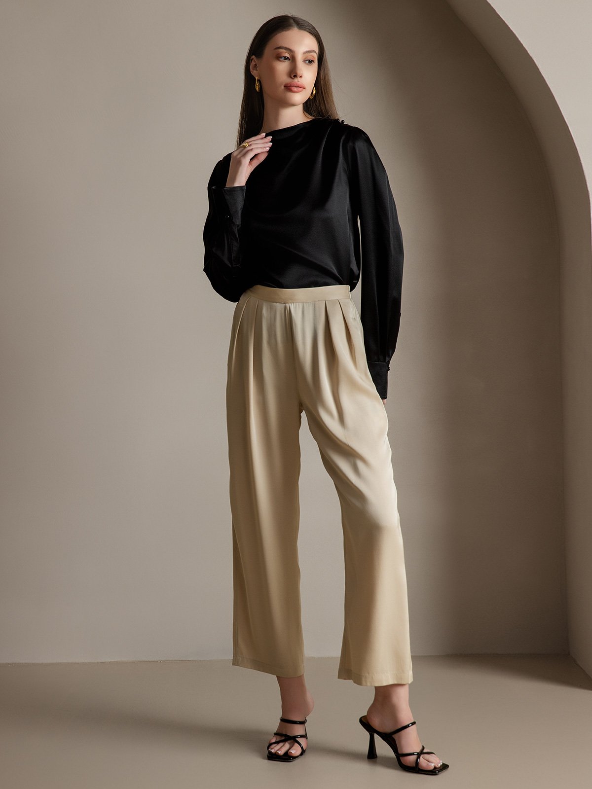 [Black] SilkSilky-CA 19Momme Silk Boat Neck Women's Shirt 007