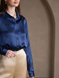 SilkSilky CA 19Momme Silk Long Sleeve Collar Women's Shirt DarkBlue 006