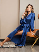 [Dark Blue] SilkSilky-CA 19Momme Stretch Silk Charmeuse Long Sleeve Women's Robe 007