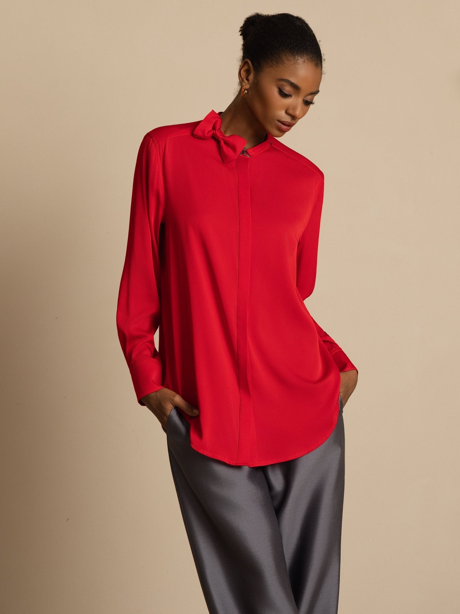 [Wine] SilkSilky-CA 19Momme Stretch Silk Double Georgette Long Sleeve Collar Blouse 005