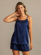 [Dark Blue] SilkSilky-CA 19Momme Machine-Washable Silk Spaghetti Strap Round Neck Camisole Set 003