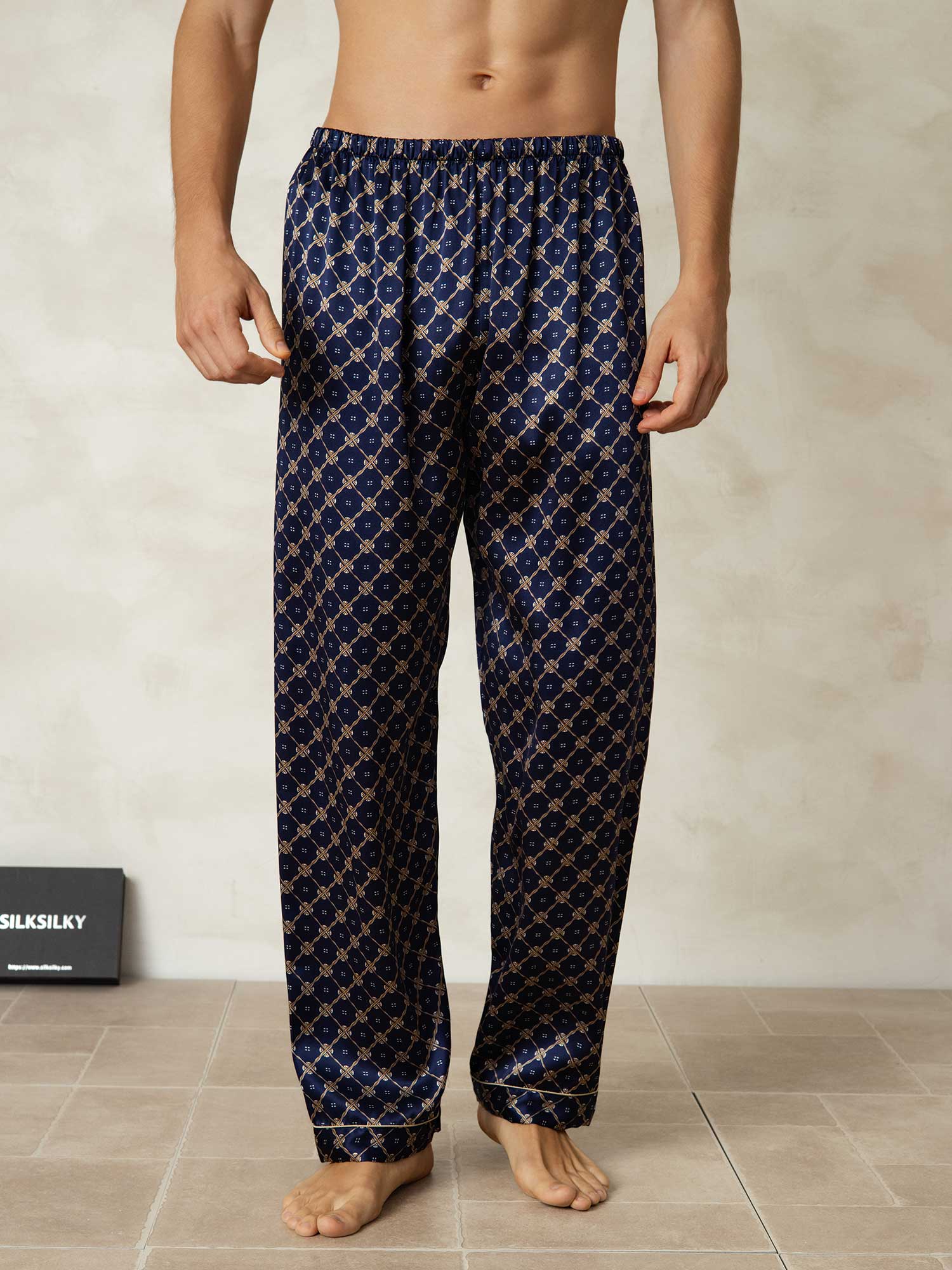 [Navy Chain] SilkSilky-CA Pure Silk Mens Sleep Bottoms 001