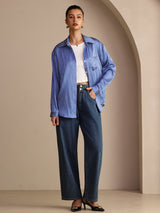 [Blue Pinstripe] SilkSilky-CA Long Sleeve Lapel Collar Women's Shirt 007
