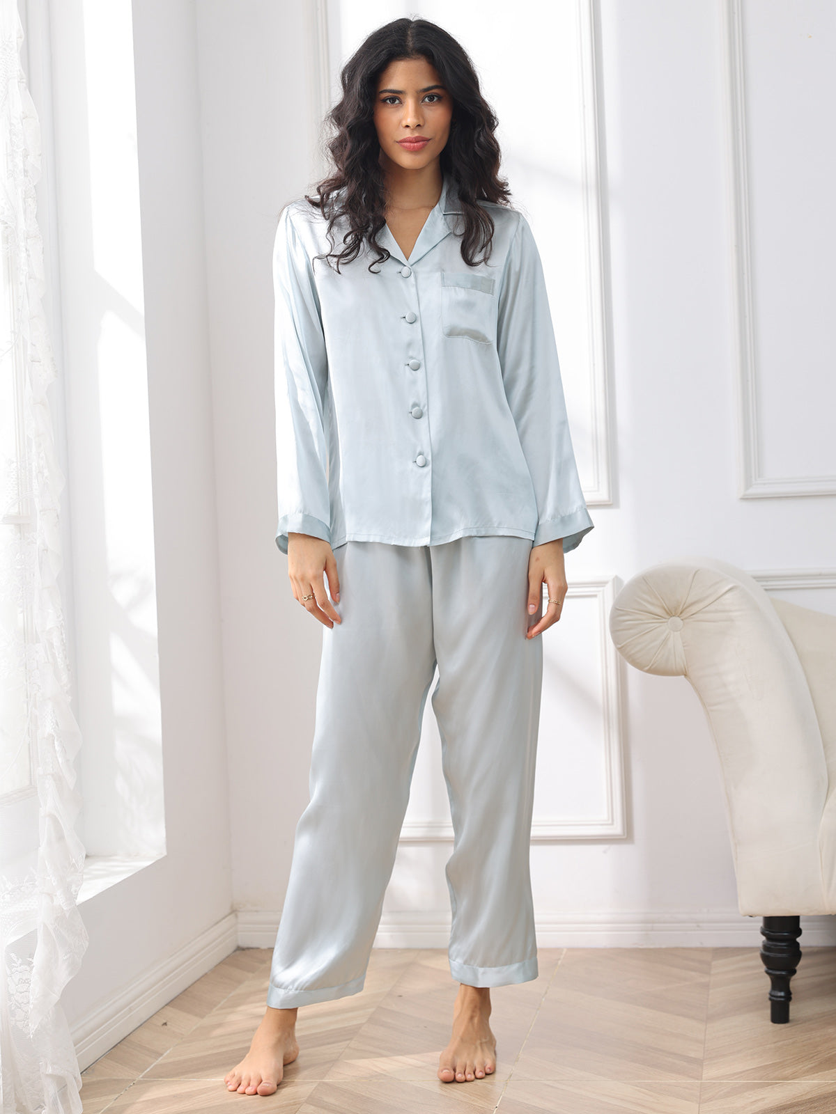 SilkSilky-CA Pure Silk Long Sleeve Lapel Women's Pajamas LightBlue 003