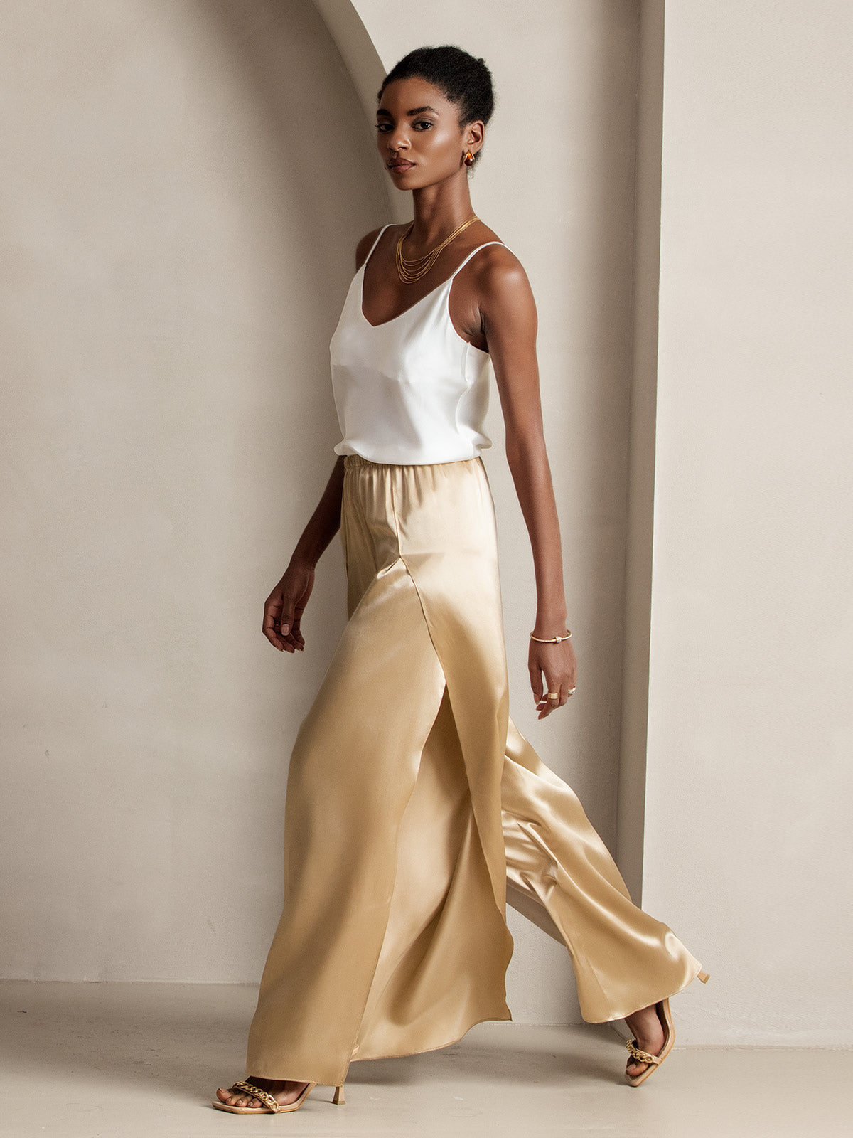 [Champagne] SilkSilky-CA 19Momme Silk Split Women's Pants 006