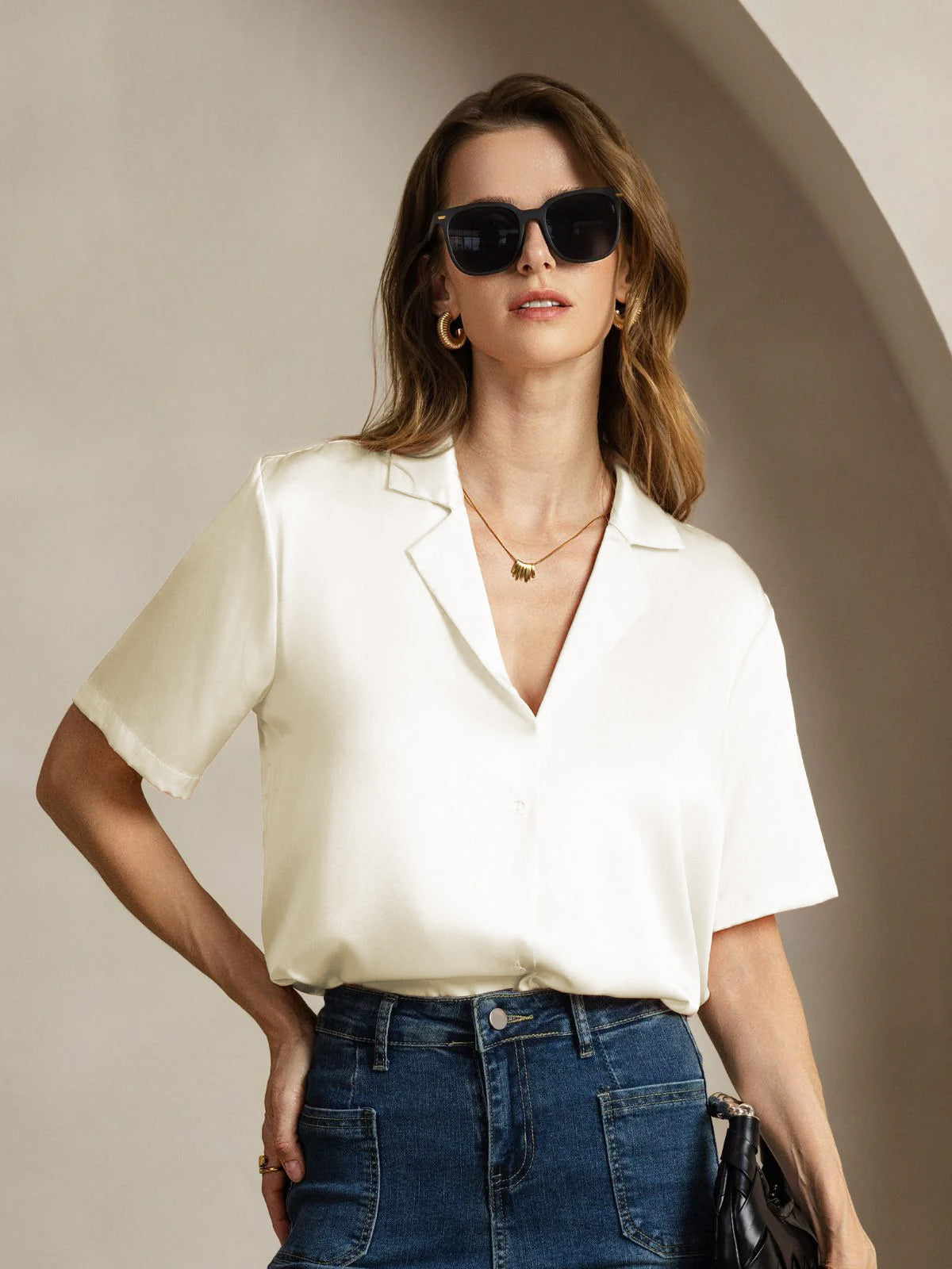 [Ivory] SilkSilky-CA 19Momme Silk Notched Neck Women's Shirt 003
