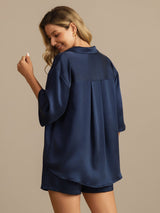 [Dark Blue] SilkSilky-CA 19Momme Machine-Washable Silk Half Sleeve Notch Collar Women's Pajamas 002