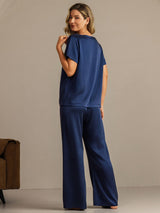 [Dark Blue] SilkSilky-CA 19Momme Machine-Washable Silk Short Sleeve Women's Pajamas 002