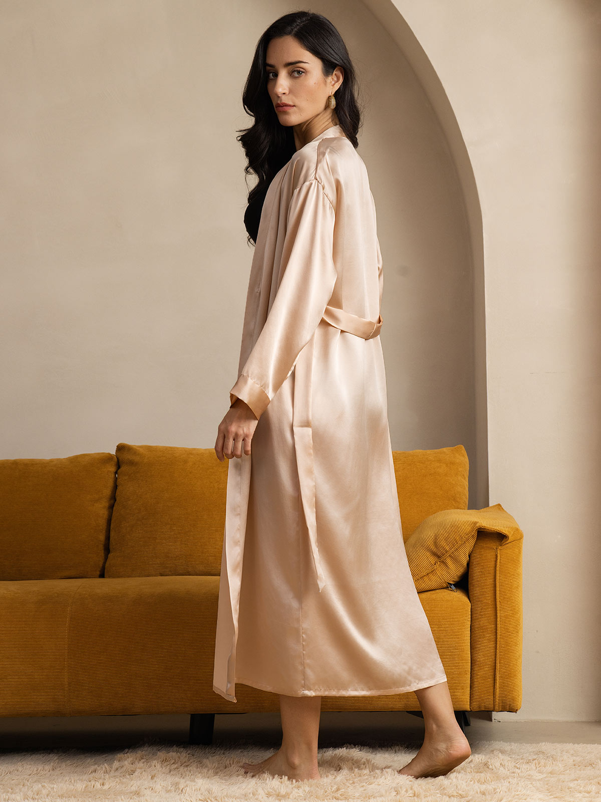 SilkSilky-CA Pure Silk Long Sleeve Womens Robe Champagne 002