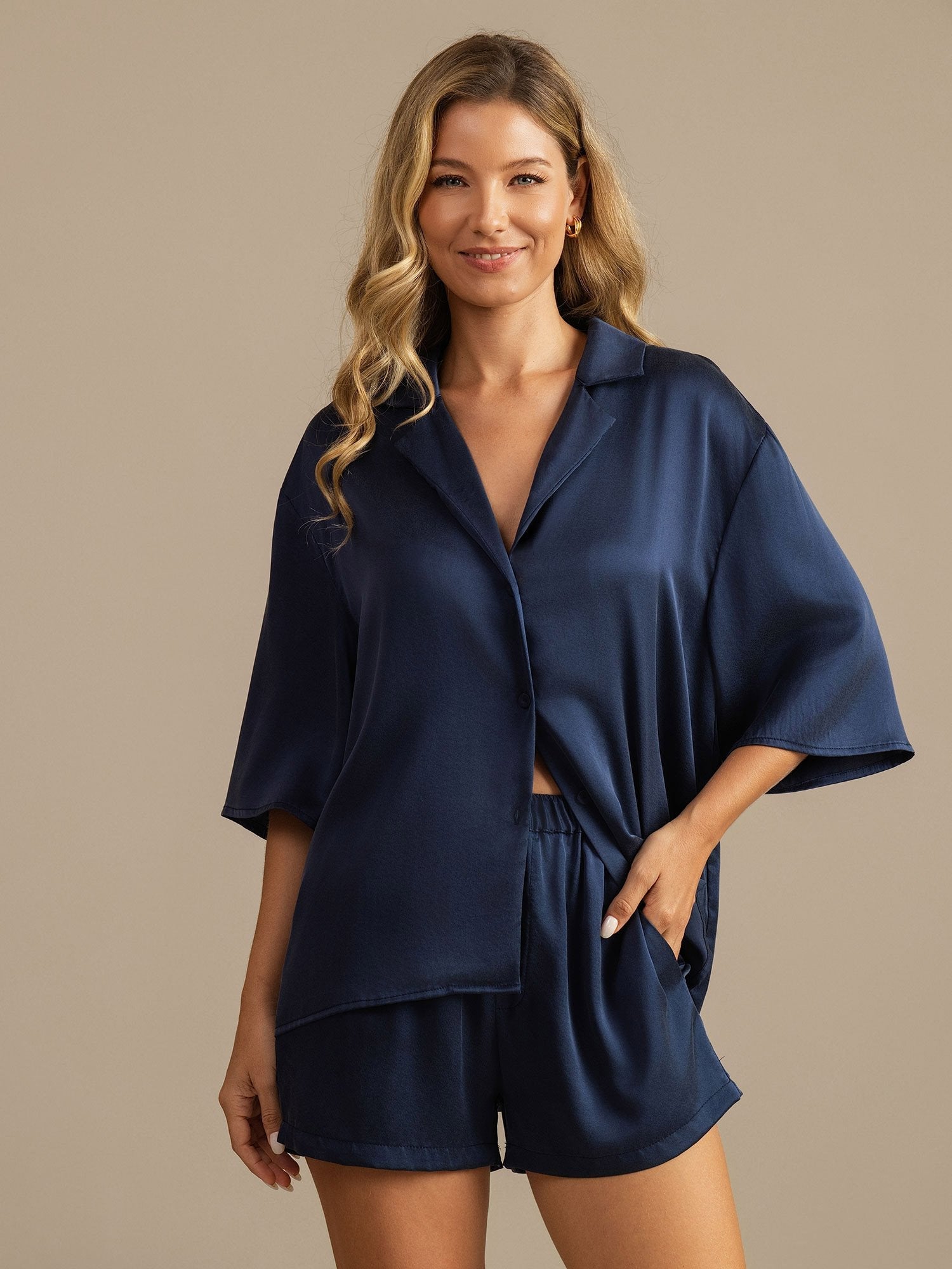 [Dark Blue] SilkSilky-CA 19Momme Machine-Washable Silk Notch Collar Women's Pajamas 006