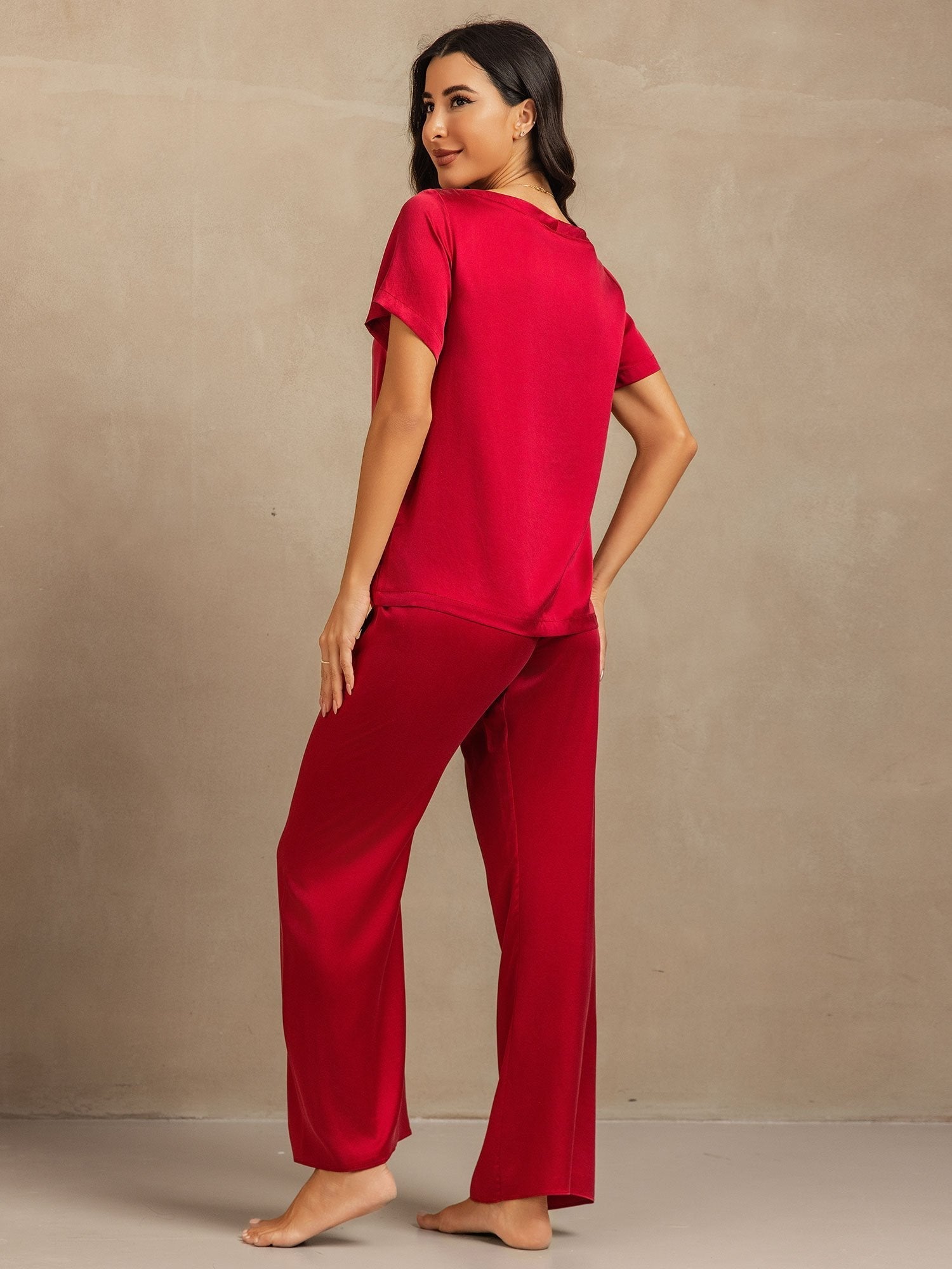 [Wine] SilkSilky-CA 19Momme Machine-Washable Silk Short Sleeve Women's Pajamas 002